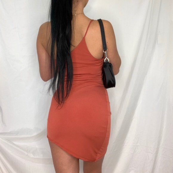 NWT--BURNT ORANGE ASYMMETRICAL MINI BODYCON DRESS - Picture 4 of 4